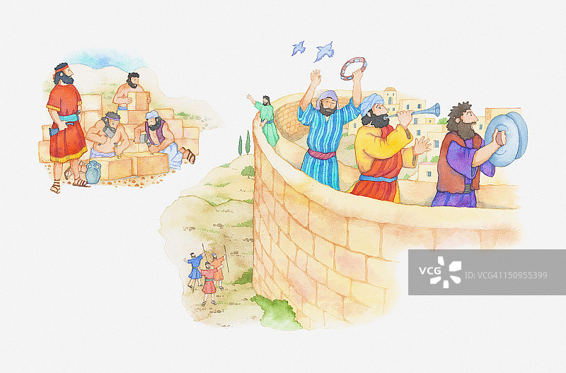 圣经场景插画：尼希米记3:12，上帝的子民在耶路撒冷周围筑起一道墙图片素材