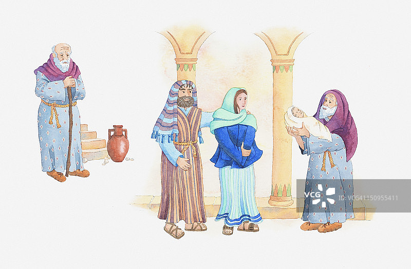 圣经场景插画：路加福音2，西缅在圣殿中看见并抱住婴孩耶稣，马利亚和约瑟站在旁边图片素材