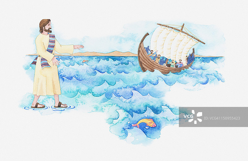 耶稣在水上行走圣经场景插画图片素材