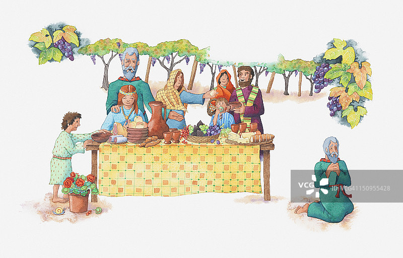 圣经场景插画：约伯记1，约伯的家人在他兄弟家宴请图片素材