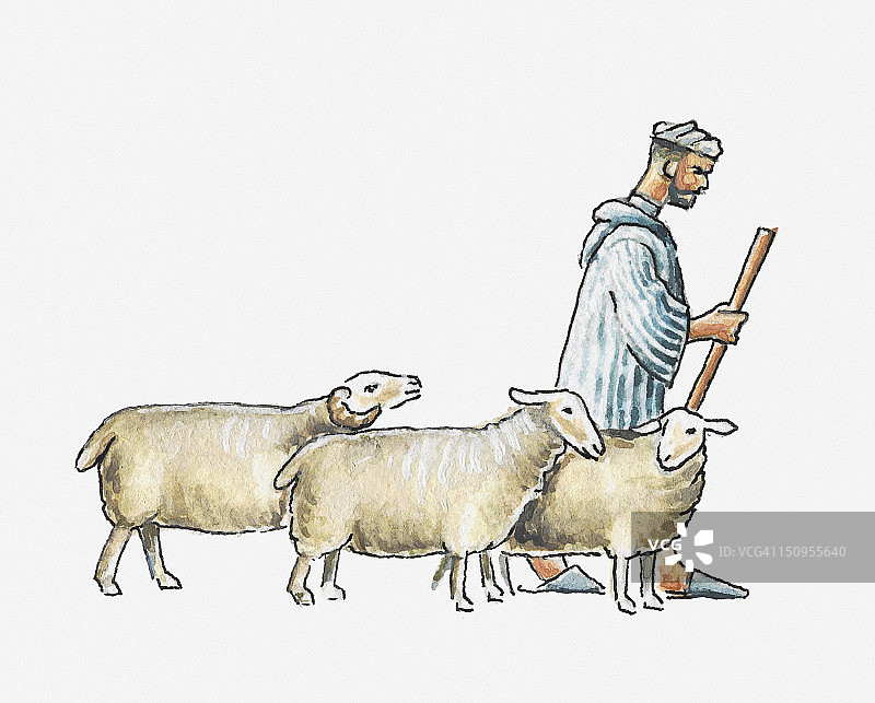 牧羊人与三只绵羊插画图片素材