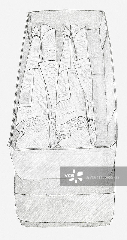 报纸包裹的干花束装箱黑白插画（储藏干花）图片素材