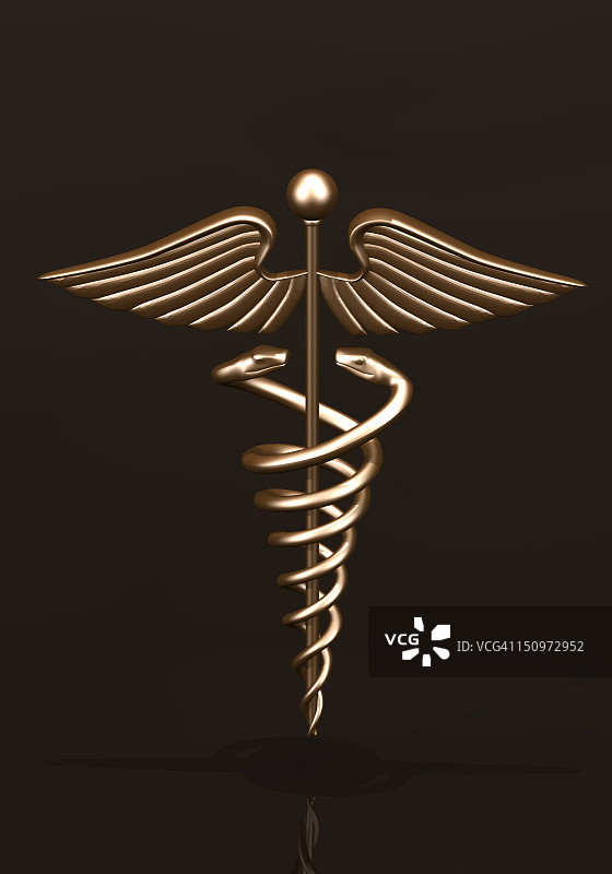深色背景上的黄铜 caduceus 标志图片素材