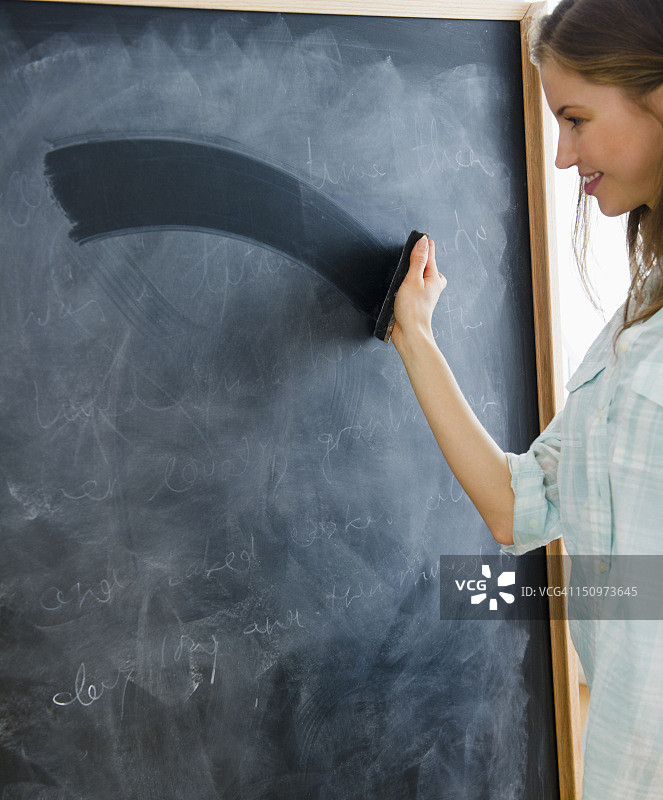 美国新泽西州泽西市：女人擦拭黑板图片素材