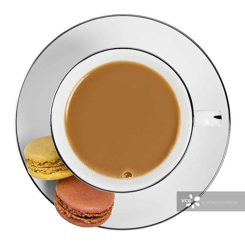 一杯茶和马卡龙的俯视图图片素材