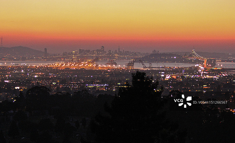从奥克兰山丘看到的旧金山湾日落图片素材