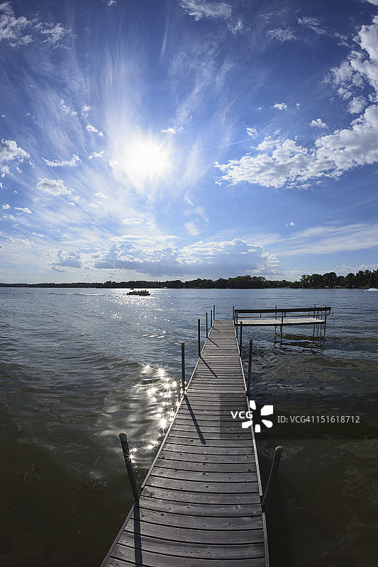 明尼苏达州米内通卡湖阳光下的码头图片素材