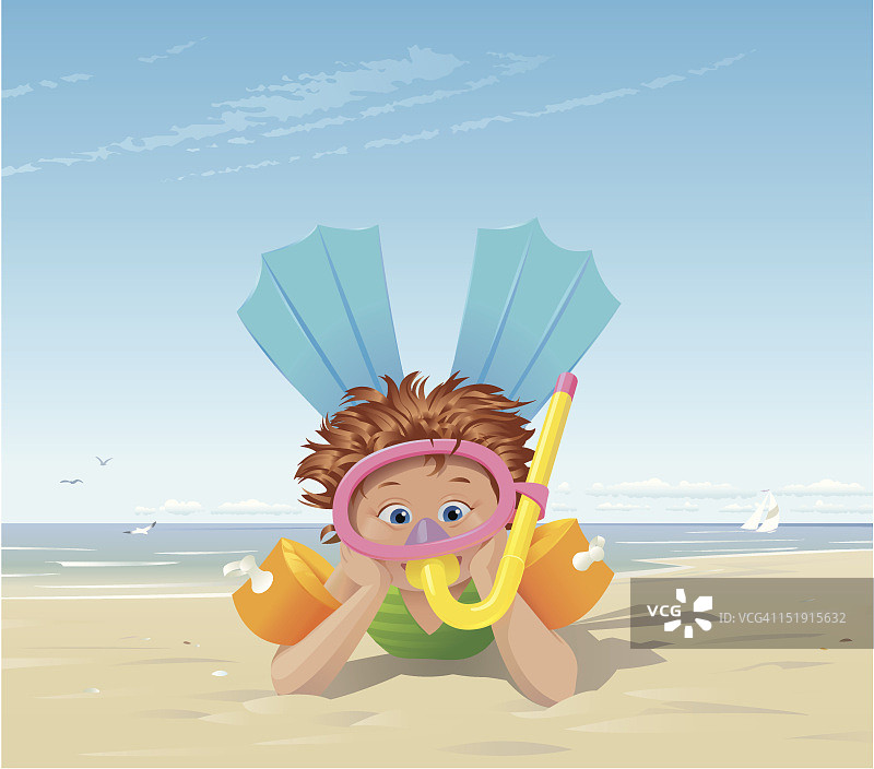 小女孩在海滩上，带着脚蹼和潜水镜图片素材