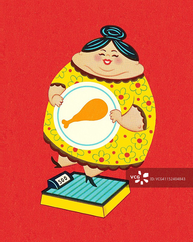 超重女士站在体重秤上图片素材