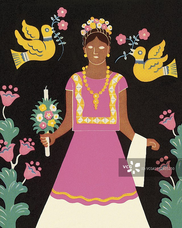 与鲜花和小鸟在一起的女人图片素材