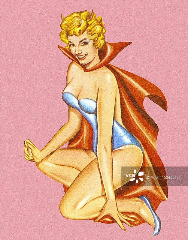 戴着角，披着恶魔披风的女人图片素材