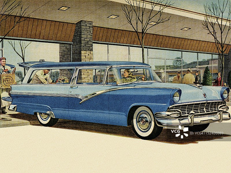 杂货店里的双色蓝色老爷车图片素材