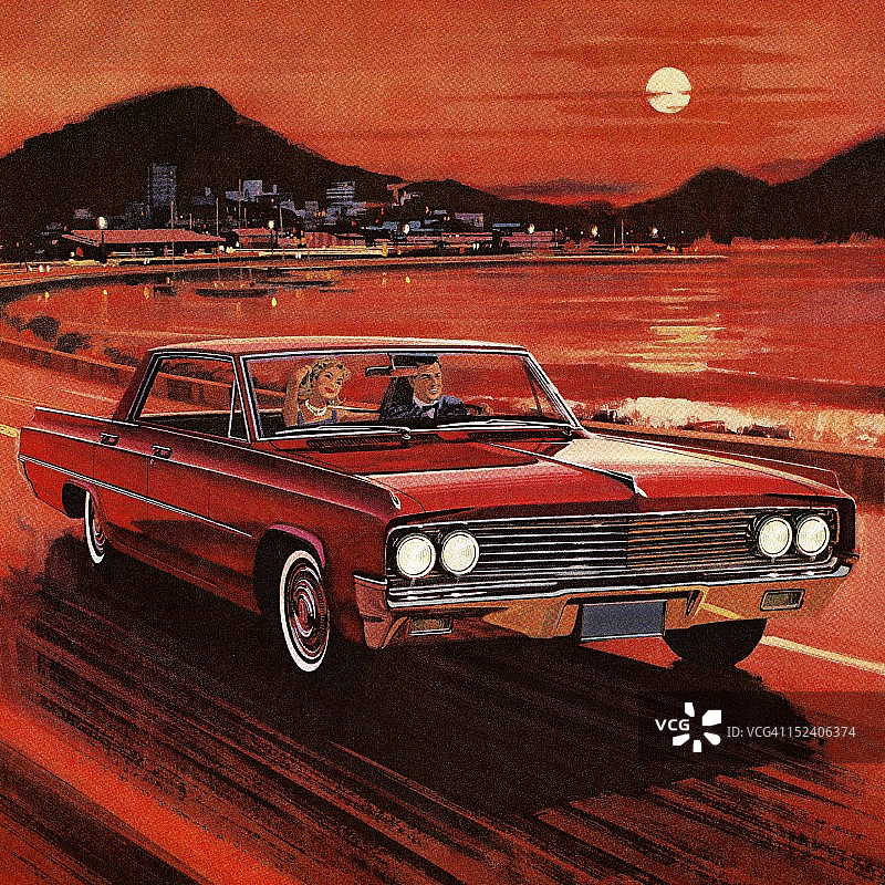 情侣驾驶红色老爷车图片素材