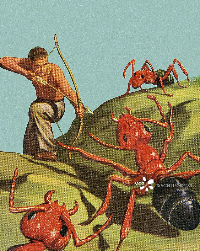 男人用弓箭射击巨型蚂蚁图片素材