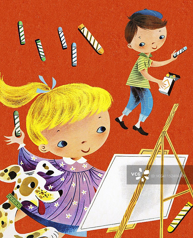 男孩和女孩用蜡笔涂色图片素材