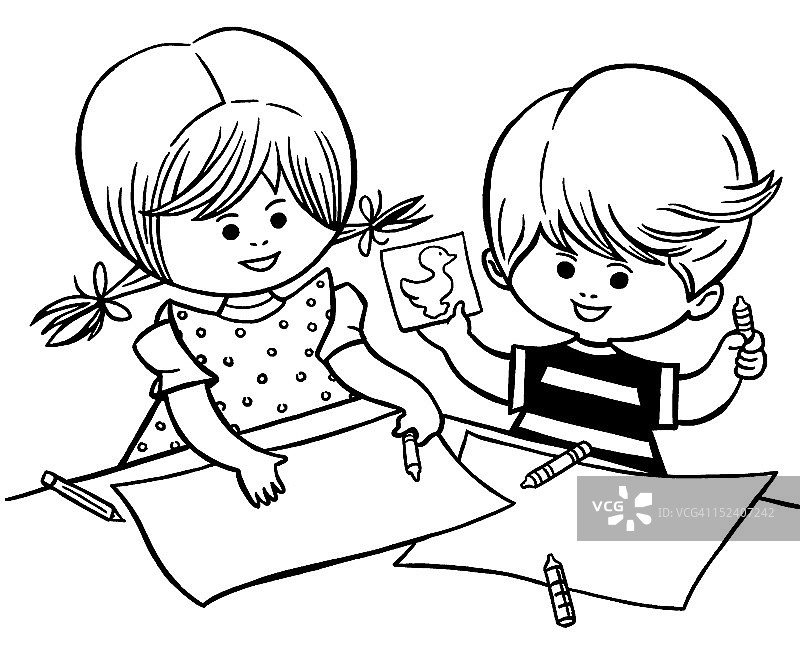 男孩和女孩涂色图片素材