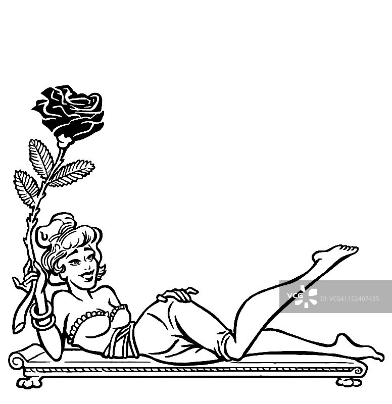 斜倚着的女人和大型玫瑰图片素材