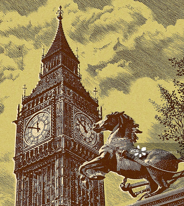 大本钟前的骏马雕像图片素材