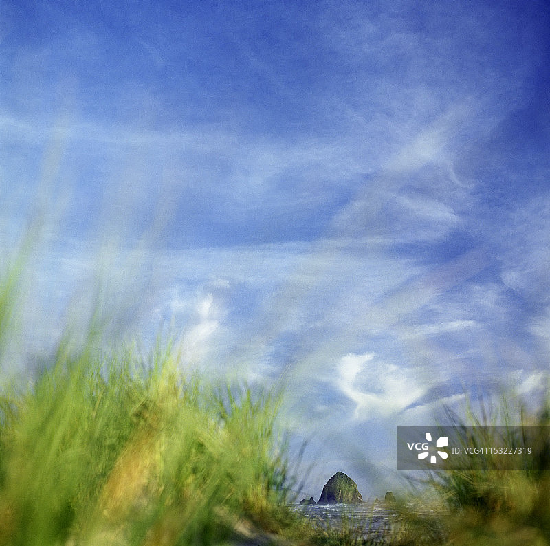 被海滩草环绕的海斯塔克岩图片素材