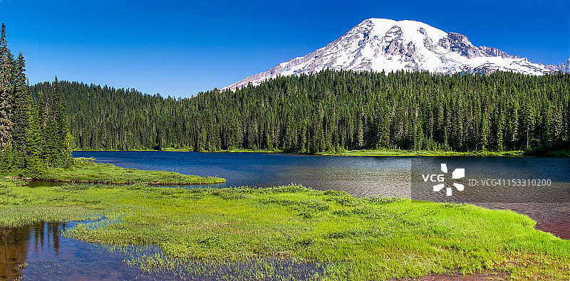 雷尼尔山的湖中倒影图片素材