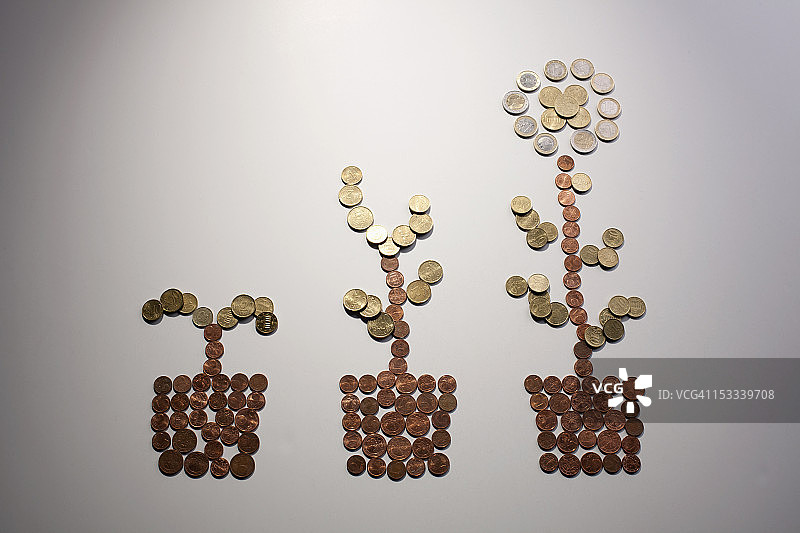 欧盟硬币排列成花朵的三个生长阶段图片素材