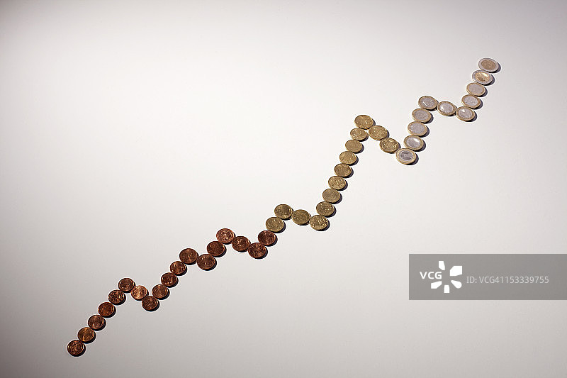 欧盟硬币排列成增长折线图图片素材