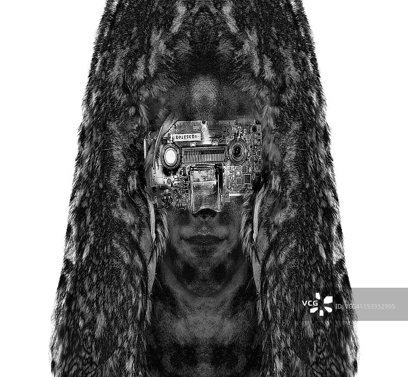 戴着眼部仪器、头上戴着毛皮的女性的面孔图片素材