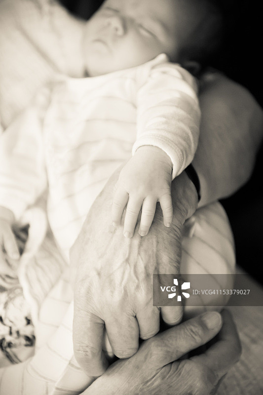 曾祖母和新生婴儿的手（棕褐色调）图片素材