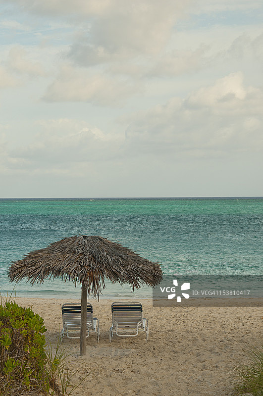 茅草伞和两把空沙滩椅图片素材