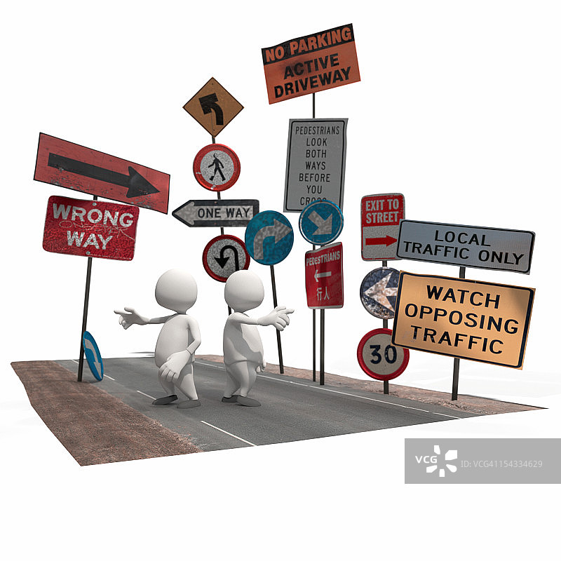 道路指示牌围绕的两个拟人化CGI形象图片素材