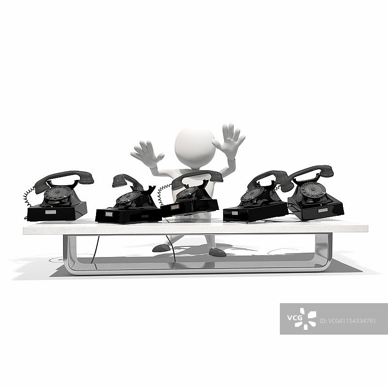 餐桌旁有五部电话的拟人化形象，电脑生成图像图片素材