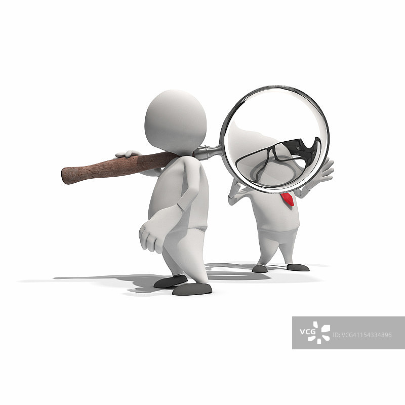手持放大镜的人形，背后是商人，CGI图片素材