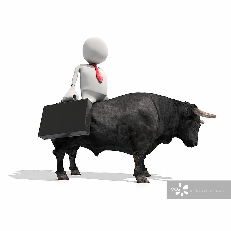 骑在公牛身上的拟人化商人，CGI图片素材