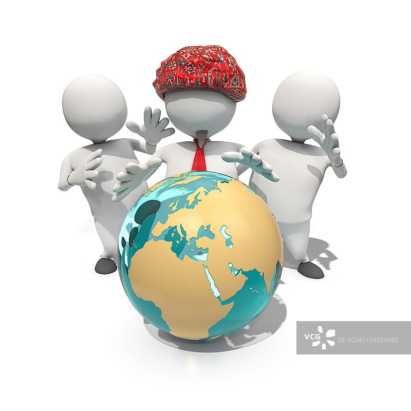 三个拟人化形象围着地球，CGI图片素材