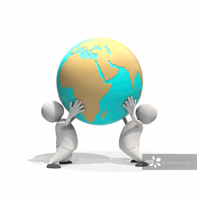 两个拟人化角色举起地球仪，CGI图片素材