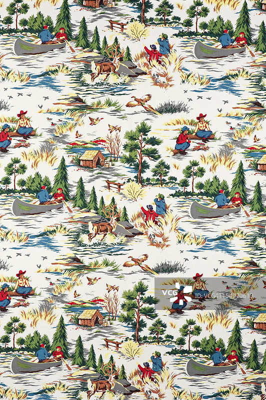 复古儿童钓鱼面料图片素材