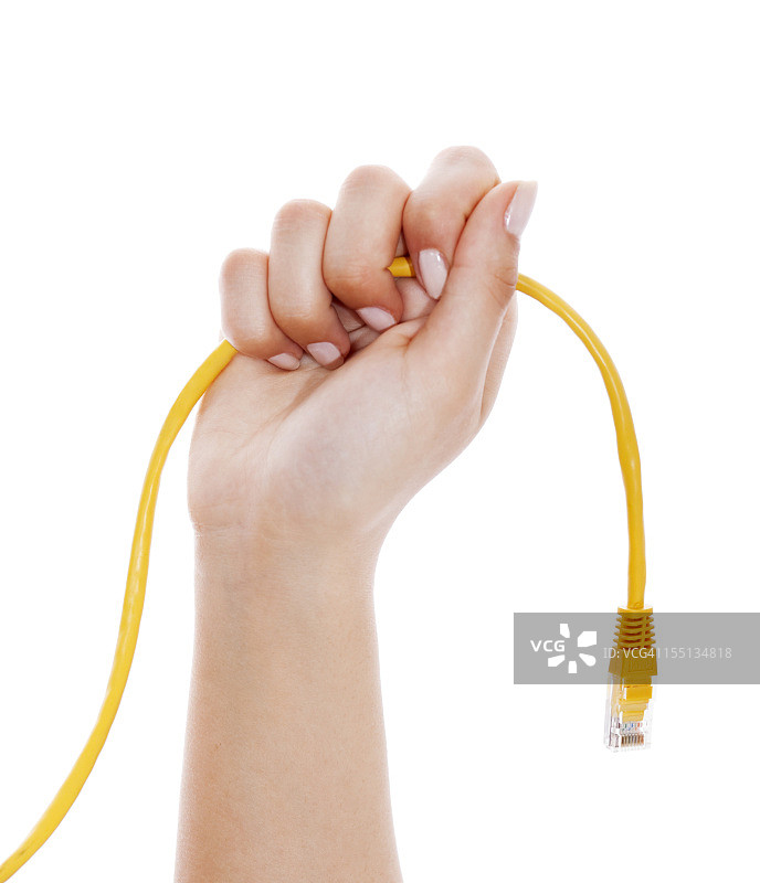 白色背景下女性手中的黄色兰卡贝图片素材