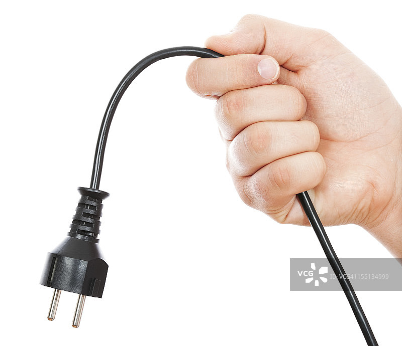 白色背景上手握黑色电缆的男人图片素材