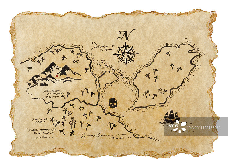 埋藏宝藏的海盗地图（白色背景，横版）图片素材