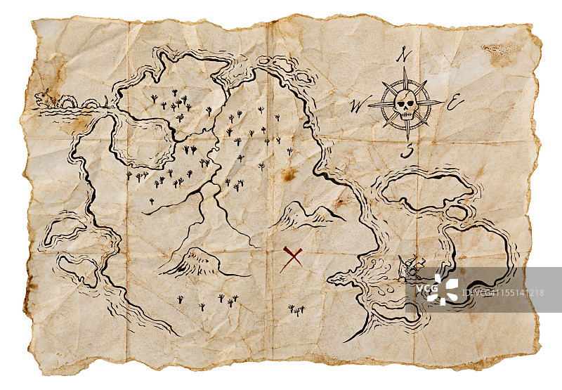 埋藏宝藏的海盗地图（白色背景，横版）图片素材