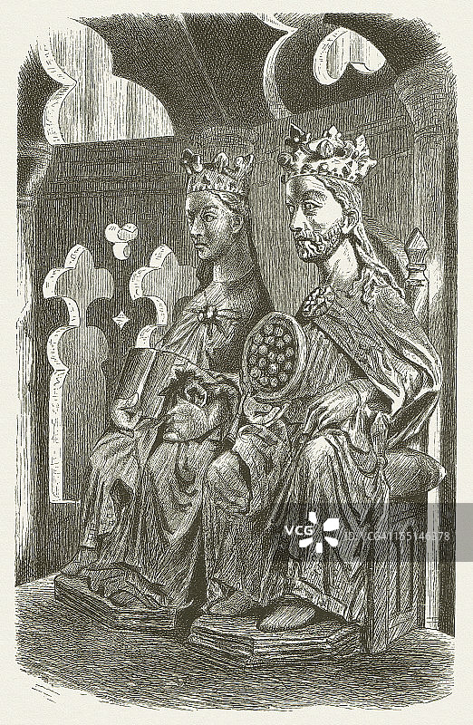 奥托一世和埃德吉塔，马格德堡大教堂，木刻版画，出版于1880年图片素材