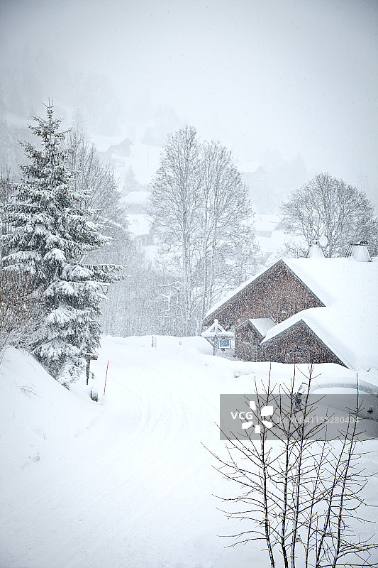 雾中的阿尔卑斯山小木屋图片素材