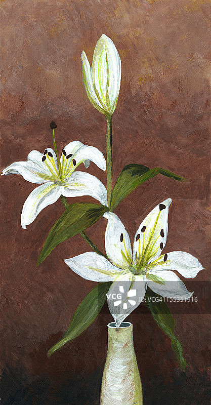 深棕色背景上的白色百合花丙烯画图片素材