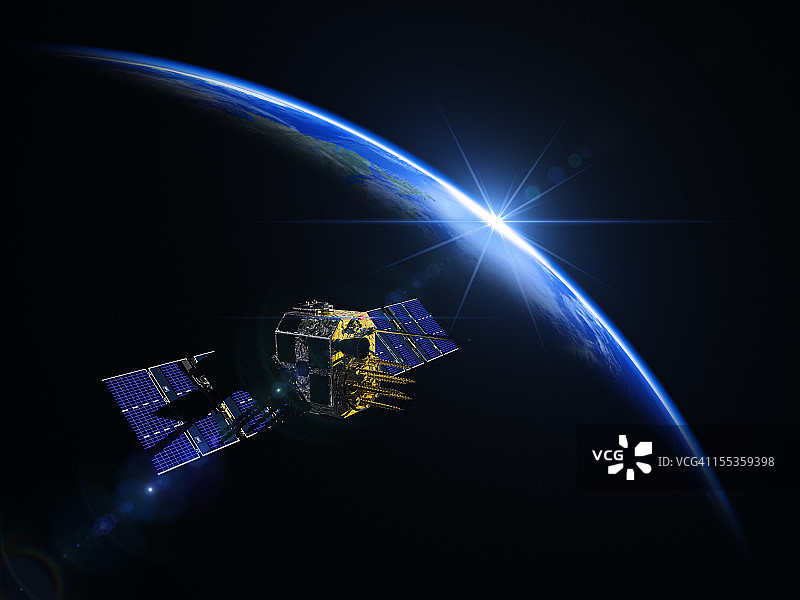 太空中的卫星和日出图片素材