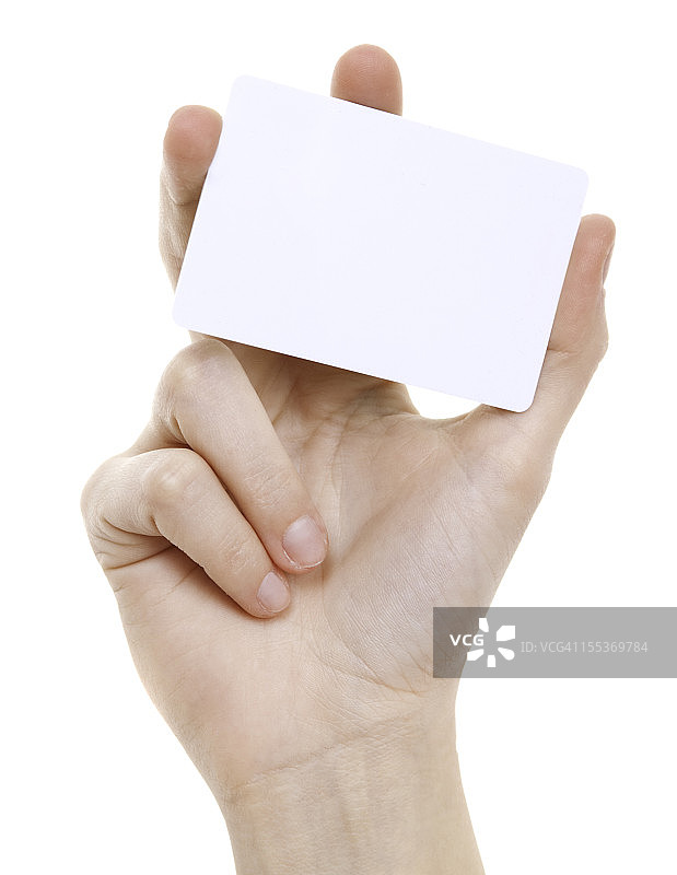女性在白色背景下手持空白卡片图片素材