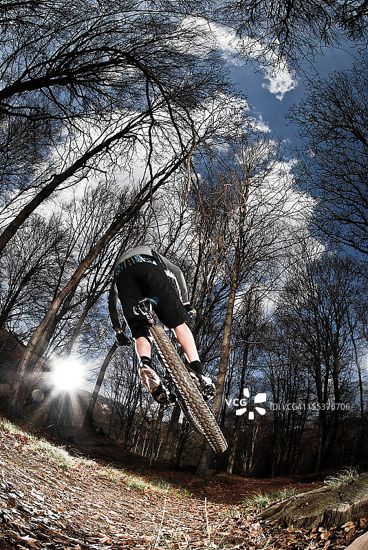林间下坡耐力山地自行车跳跃图片素材