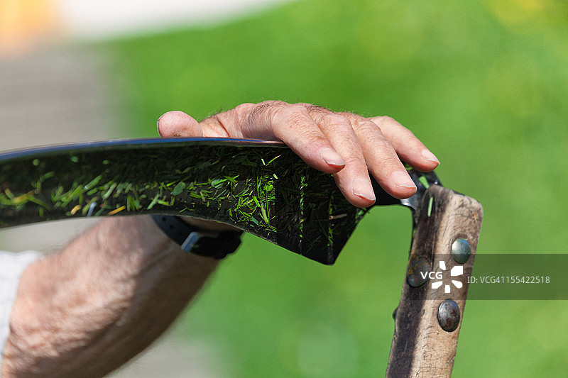 农民手持镰刀在瑞士阿尔卑斯山收割图片素材