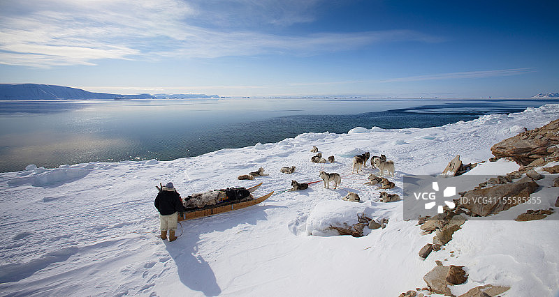 因纽特男子与雪橇犬眺望大海图片素材