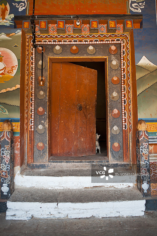 猫在修道院门前伸展身体图片素材