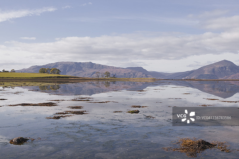 洛奇莱赫湖中倒映出的远处群山图片素材